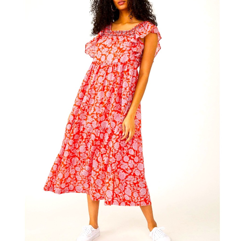 Free People Bonita Red & Pink Floral Ruffles Flowy Boho Midi Dress SZ XL